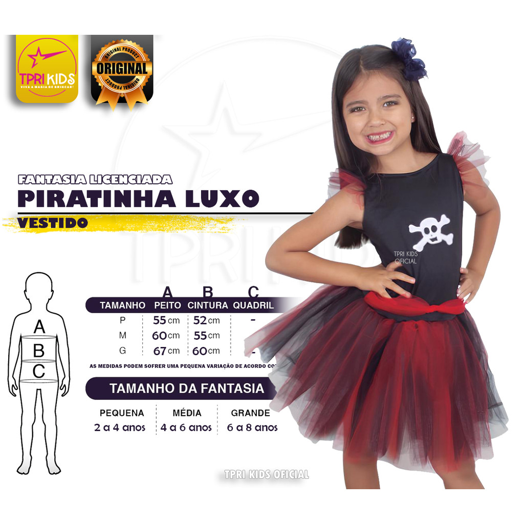 Fantasia Menina Piratinha Vestido Cosplay Pirata Infantil Festa Halloween Carnaval Aniversário 2 a 8