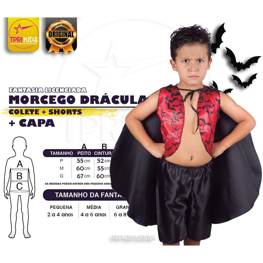 Fantasia Infantil Menino + Capa Drácula Halloween Cosplay Morcego Terror Festa Temática Carnaval Top