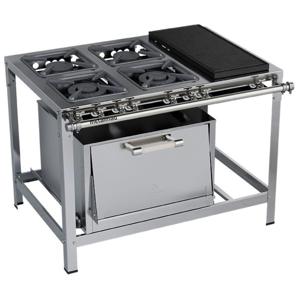 Fogão Industrial Stori Premium 4 Bocas 30x30 Forno Com Chapa M22 Aço Inox 430 Metalmaq Fogão Baixa Pressão