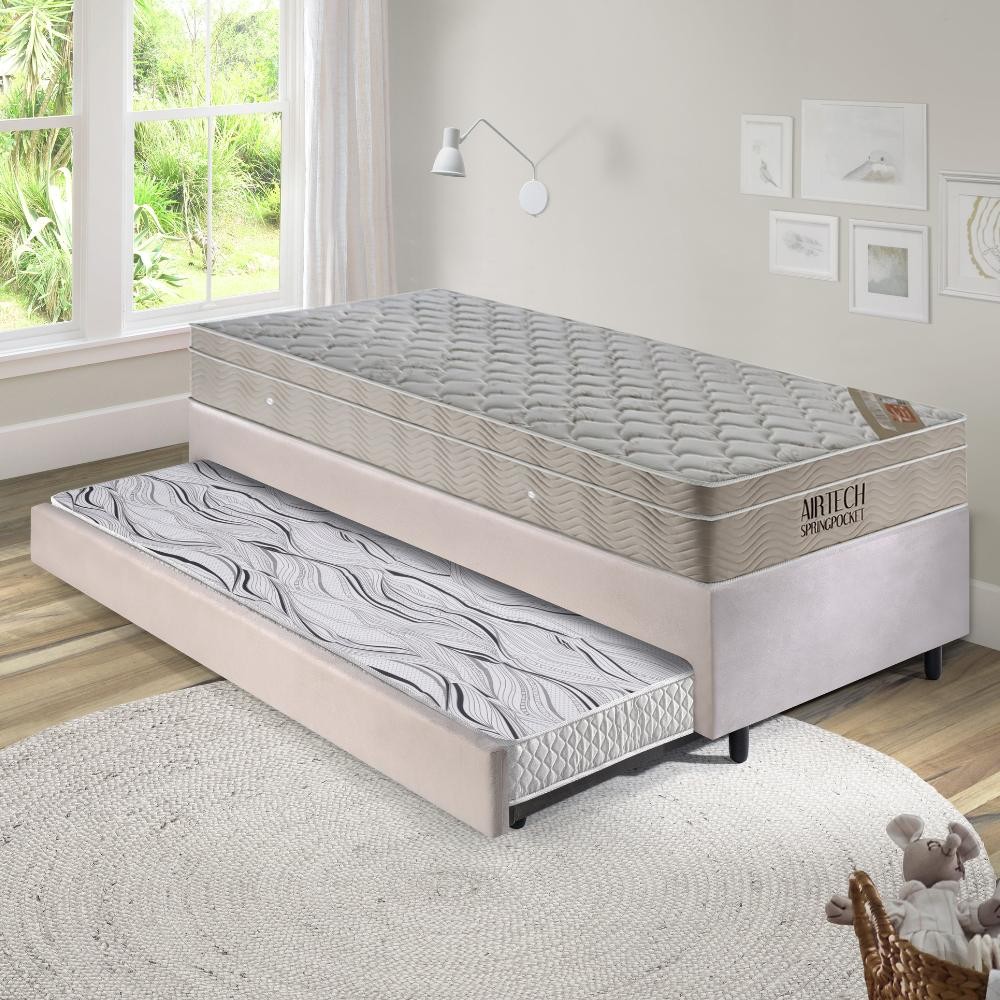 Bicama Box 88x188 Suede Bege com Colchão Airtech Ortobom