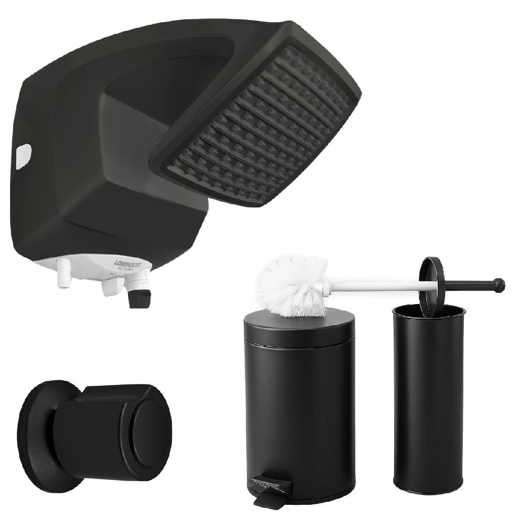 Kit Banheiro Preto Chuveiro Lorenzetti 220V + Lixeira 3L + Escova Sanitária e Acabamento de Registro