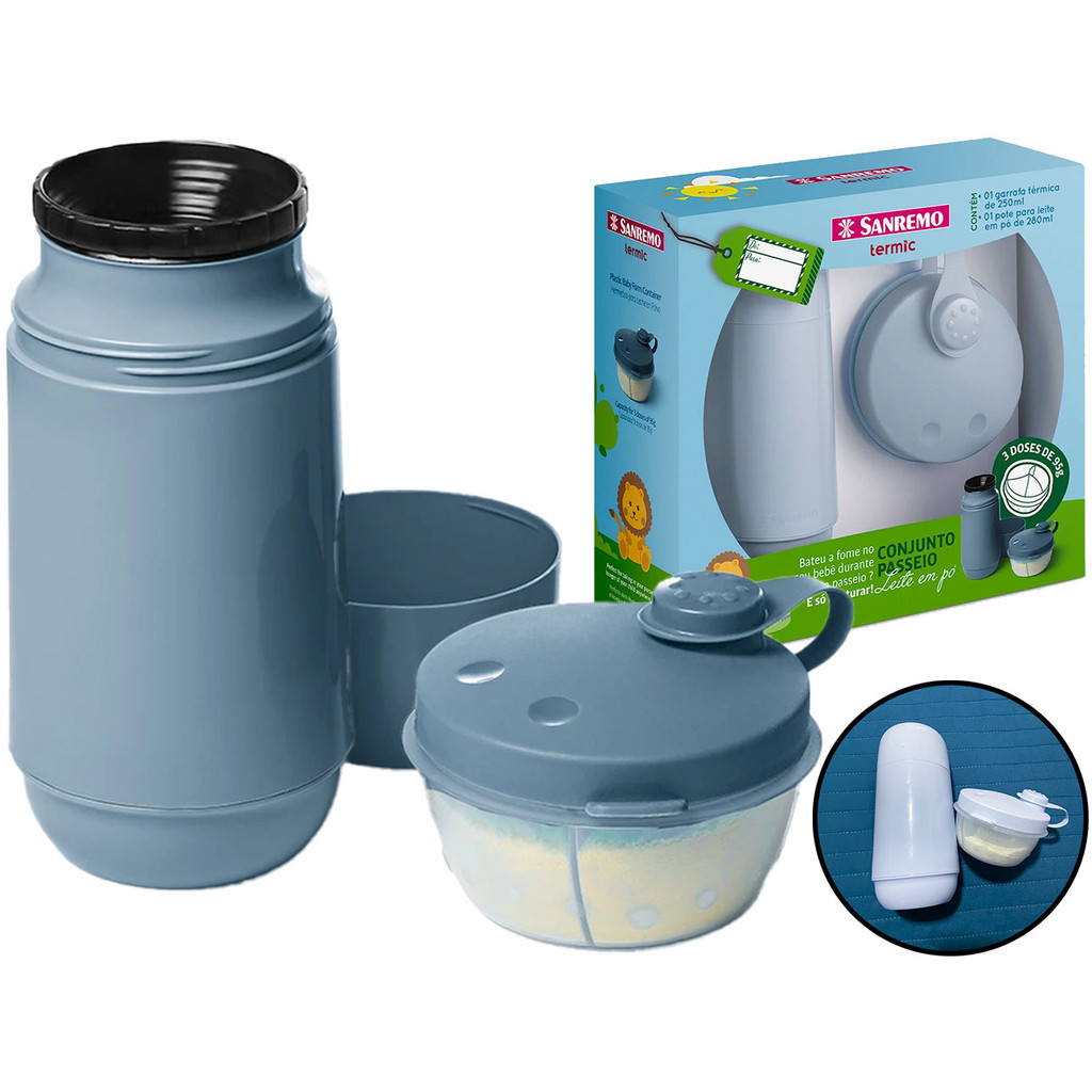 Conjunto Garrafa Térmica 250ml Tampa Rosca + Pote Dosador Para Leite Em Pó Com Divisória