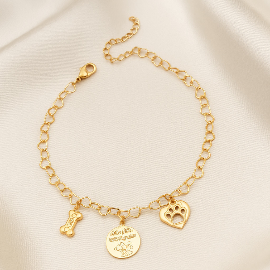Pulseira Elegante Mãe de Pet com Elo de Coração e Pingentes Semijoia Banhada a Ouro 18k e Garantia