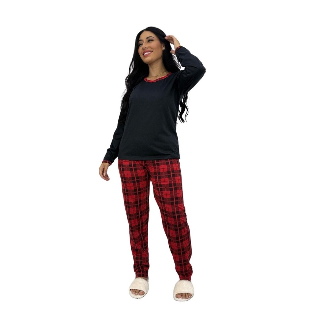 Pijama Longo Feminino Malha Adulto Manga Comprida Calça Xadrez Blusa lisa