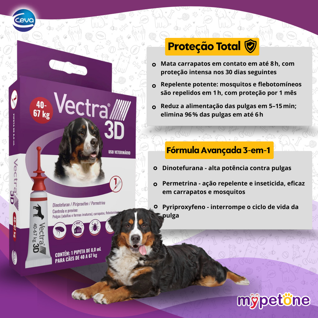 Detalhes do Antiparasitário Vectra 3D Cães 40 a 67Kg Ceva - 1 Pipeta 8mL
