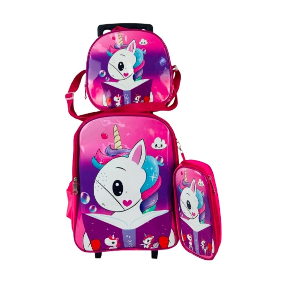 KIT MOCHILA INFANTIL COM RODINHAS MENINAS UNICORNIO ESCOLAR ESTOJO LANCHEIRA TÉRMICA BOLSA CARRINHO