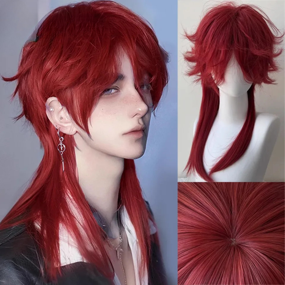 Peruca Vermelha Masculina De Cabelo Longo Cauda De Lobo Cosplay Unissex Conjunto De Cabeça Cheia Anime Meninos Tainha De