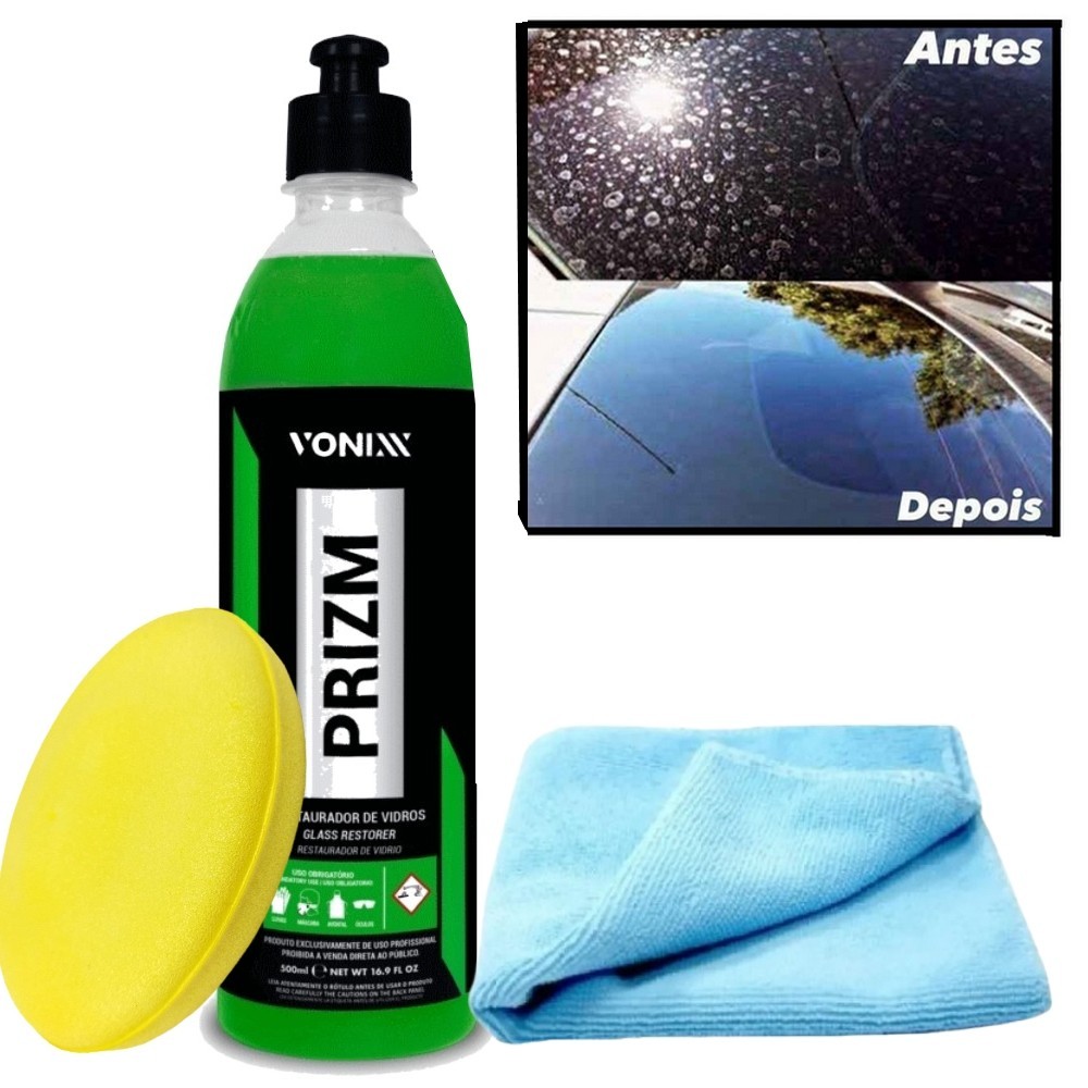 Kit PRIZM Restaurador de Vidros 500ml Vonixx + Aplicador de espuma + Pano Microfibra