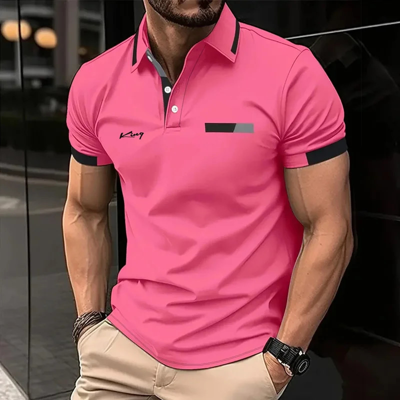 Camisa Polo Masculina Listrada De Manga Curta Com Lapela Colorida Para Roupas Masculinas De Verão Ao Ar Livre