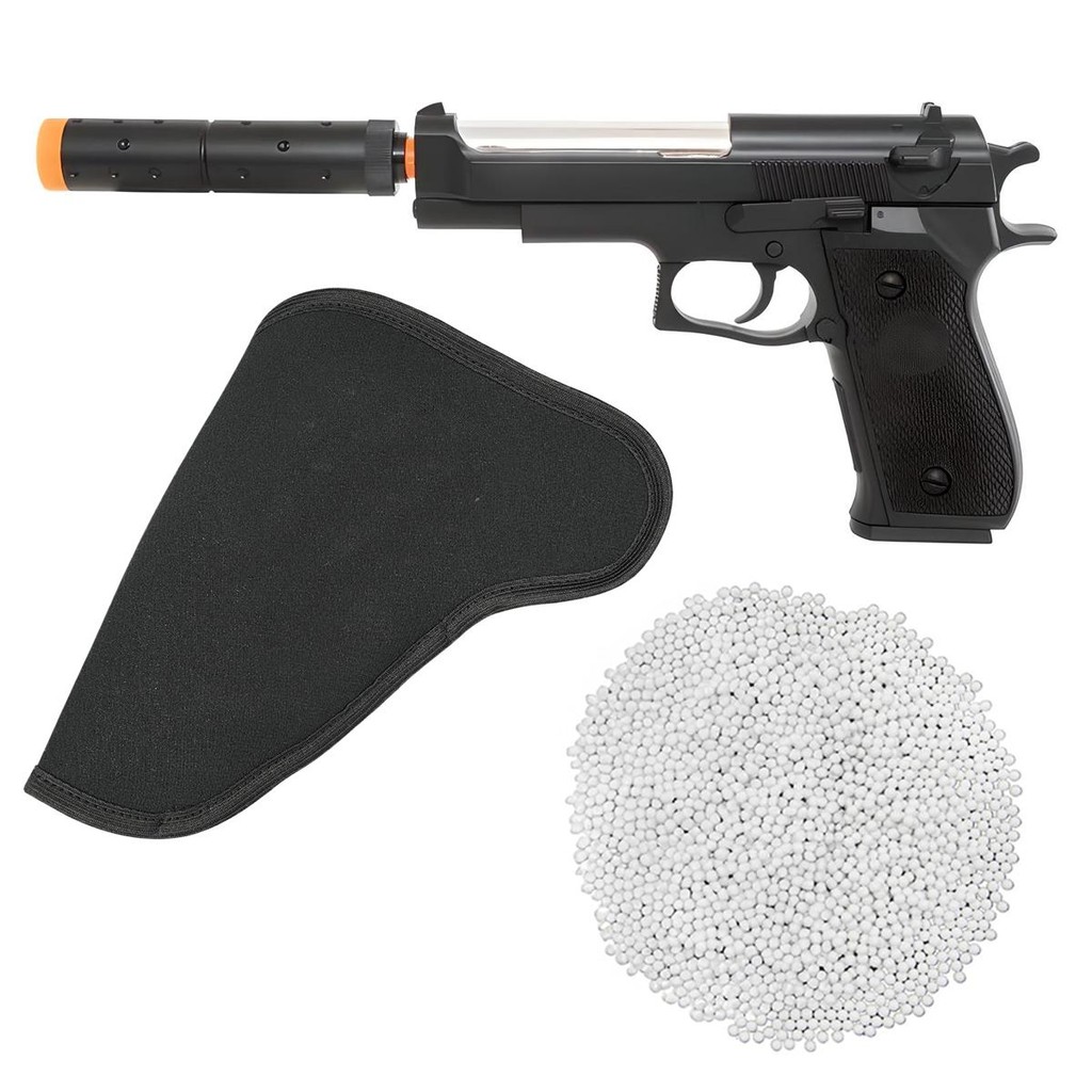 Pistola AirSoft Spring Beretta M22 6mm Preta - Double Eagle + Coldre + 2000 Esferas 0.12g