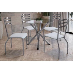 Conjunto: Mesa Sala Jantar Volga c/ Tampo de Vidro 95cm + 4 Cadeiras Portugal Cromado/Courano Branco - Kappesberg