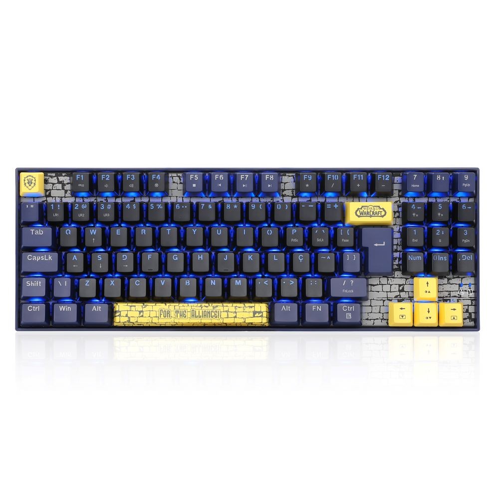 TECLADO MECANICO USB GAMER ALIANCA DO WORLD OF WARCRAFT LED AZUL SWITCH BLIZZARD REDRAGON YGM1 PRETO E AZUL