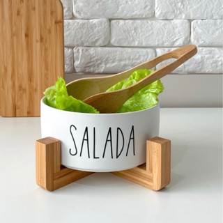 Saladeira de Cerâmica com base de bambu em Oferta na Shopee
