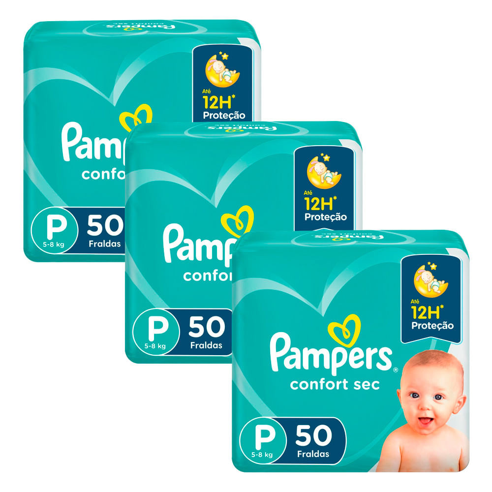 Kit 3 Fralda Pampers Confort Sec Tamanho P Pacote Mega com 50 Fraldas Descartáveis cada - Mom & Baby