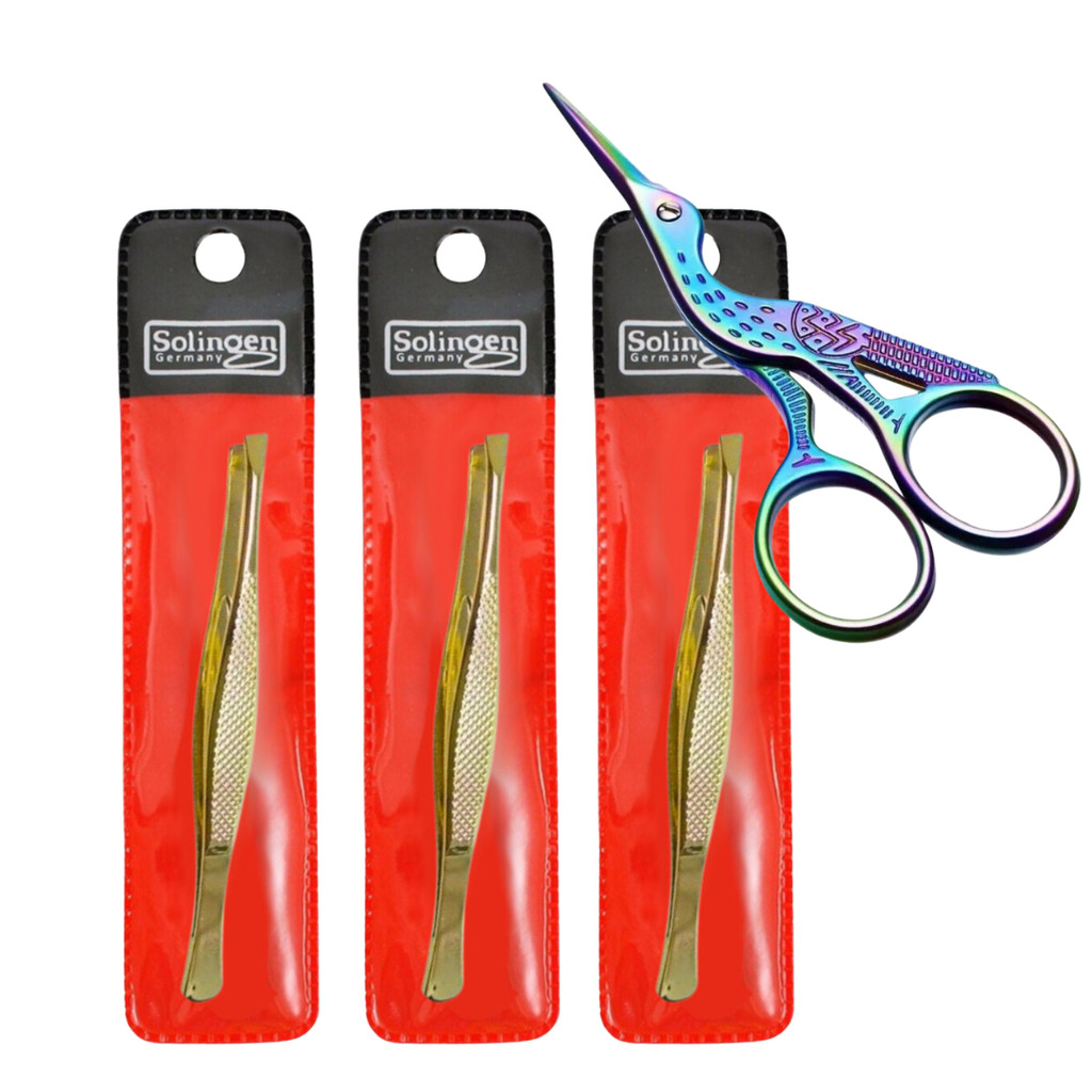Kit 3 Pinças Solingen Chanfrada Designer Sobrancelha + Tesourinha Cílios Garça Color