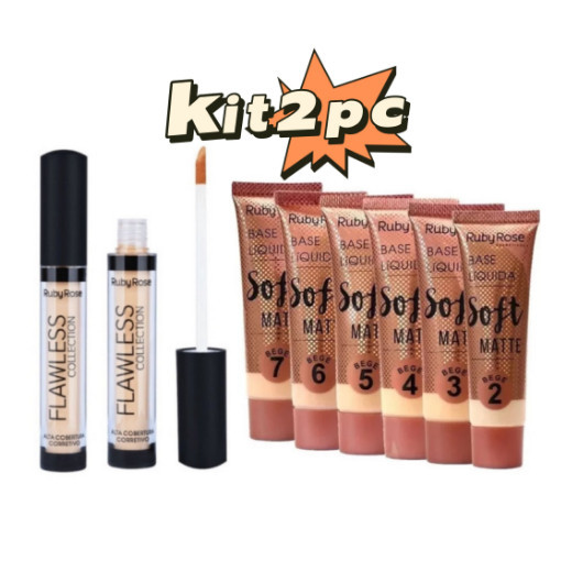 KIT Base Líquida Soft Matte Bege Ruby Rose HB-8050 + Corretivo Líquido Flawless Collection - Ruby Rose HB-8080 em Oferta na Shopee