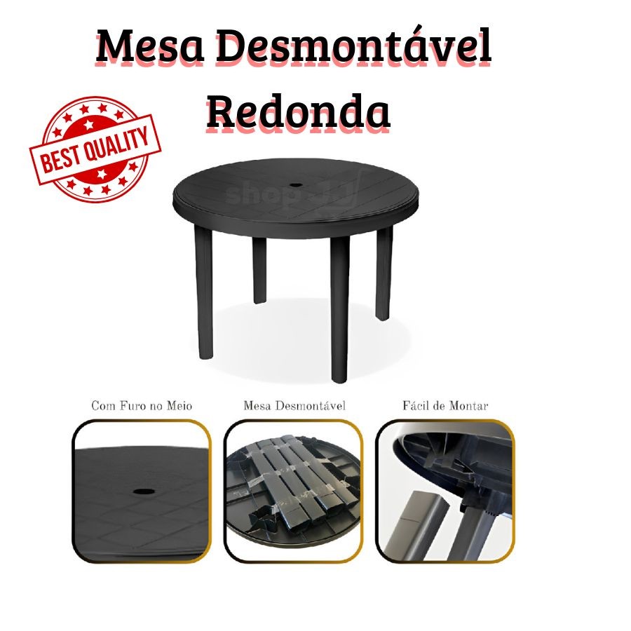 Mesa premiun Plástico Redonda Desmontável Jardim Preta Dobravel