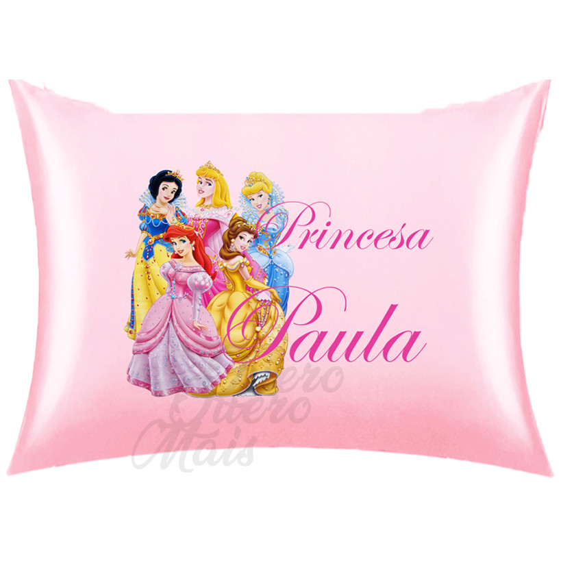 Fronha Cetim antifrizz Personalizada infantil Princesas com nome Creche Escola Viagem