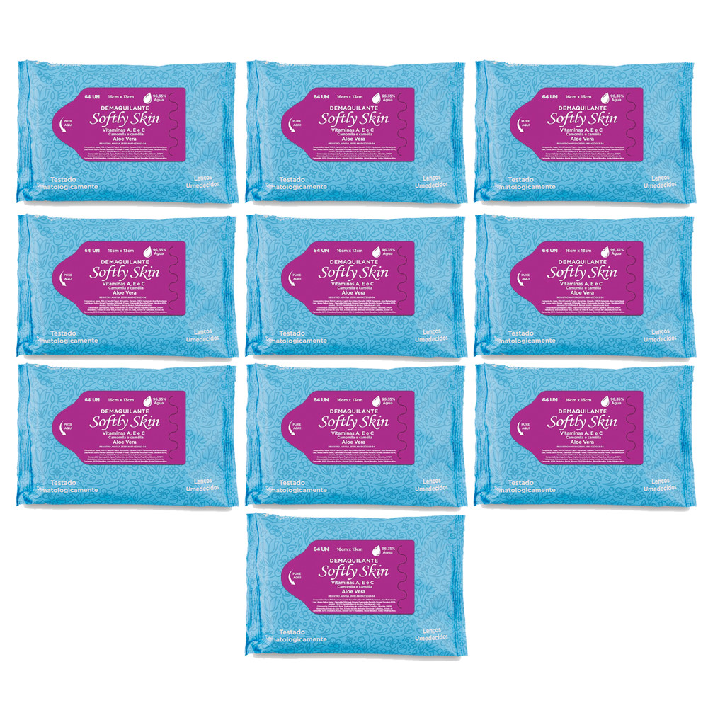 Lenço Umedecido Demaquilante 640 un (10 pct c/ 64un) Softly Skin com Vitaminas Pele Limpa e Nutrida