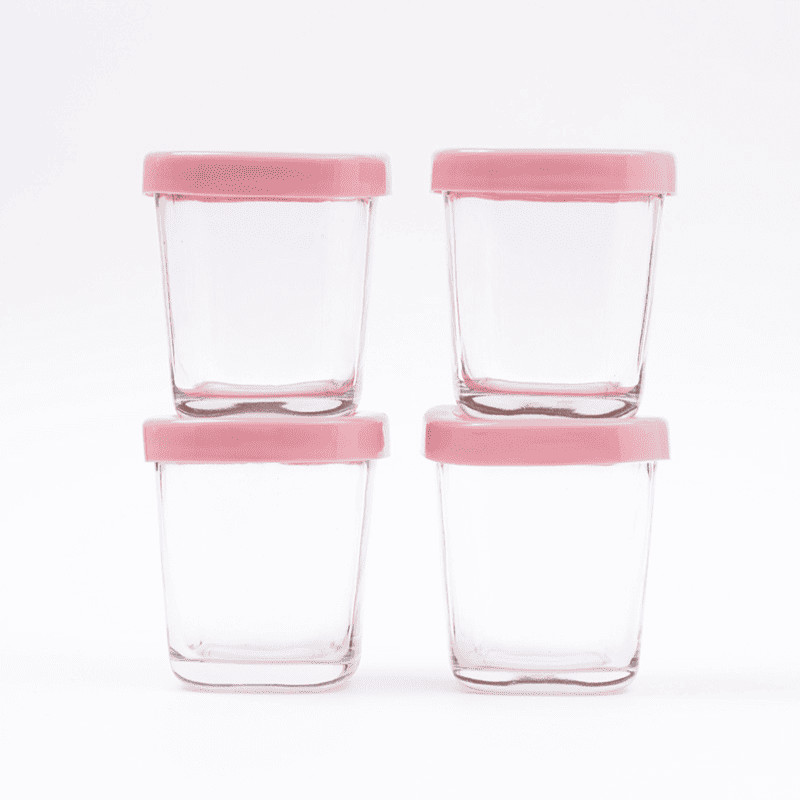Kit Potes de Vidro Petit Piá 4un 150ml Rosa para Leite e Papinha, Tampa Vedação Fácil, Micro-ondas, BPA Free, +0m