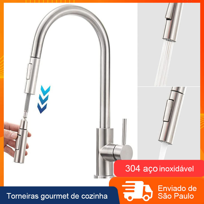 Torneira Gourmet Misturador Monocomando Cozinha Duas funções Aço Inox 304 Mangueira Extensível 360 Graus Rotação