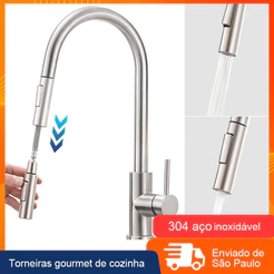 Torneira Gourmet Misturador Monocomando Cozinha Duas funções Aço Inox 304 Mangueira Extensível 360 Graus Rotação