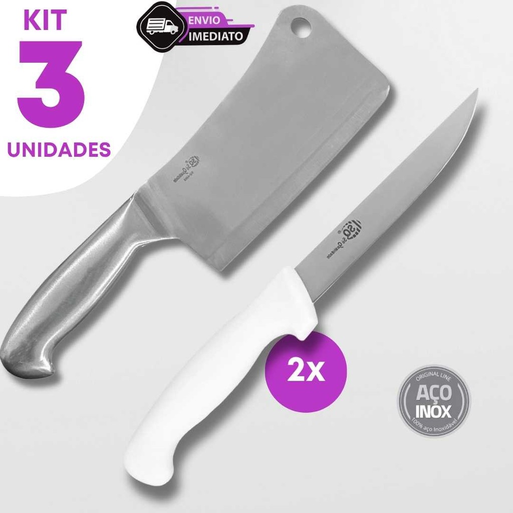 Combo 3 Peças Cutelo 6" e 2 Facas Desossa 6" Corte Profissional Preciso Cozinha Casa Buffet Bar