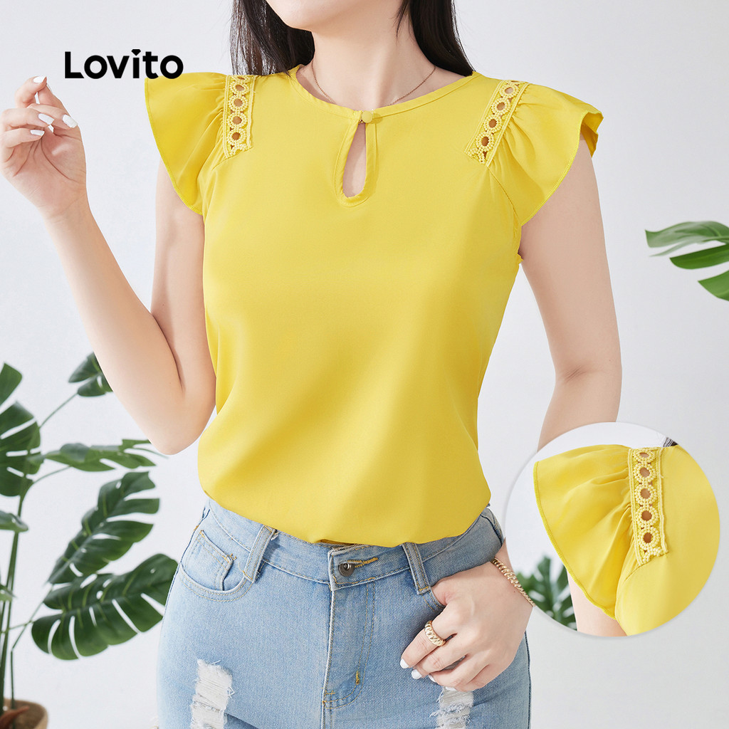 Lovito Regata Casual Com Babados No Pescoço Primavera/Verão Regata Amarela Clara Para Mulheres L134ED901 - Women Clothes