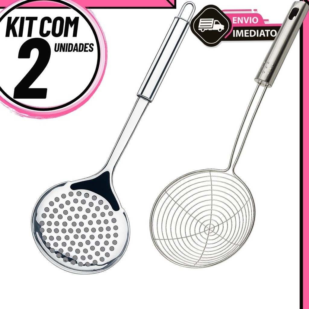 Kit 2 Escumadeiras Inox Cozinha + Fritura Aço Inoxidável Aramada Resistente