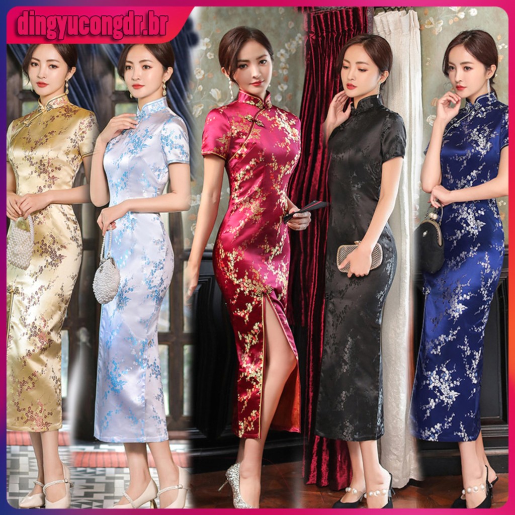 Vestido Longo Feminino Vintage Plus Size Manga Curta Cheongsam Tradicional Chinês em Oferta na Shopee