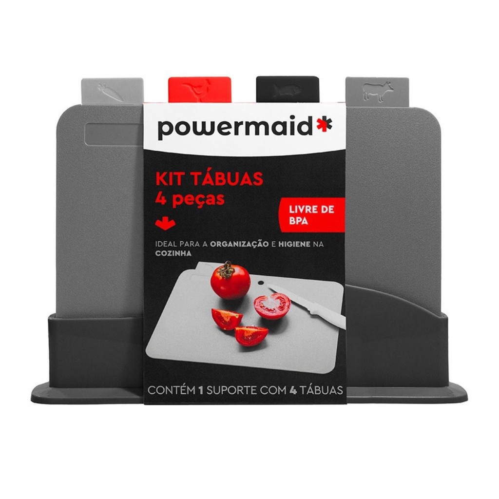 kit 4 Tábuas de Corte com Suporte Powermaid Jogo cores Carne Frango Verdura Peixe Higiênico Cozinha