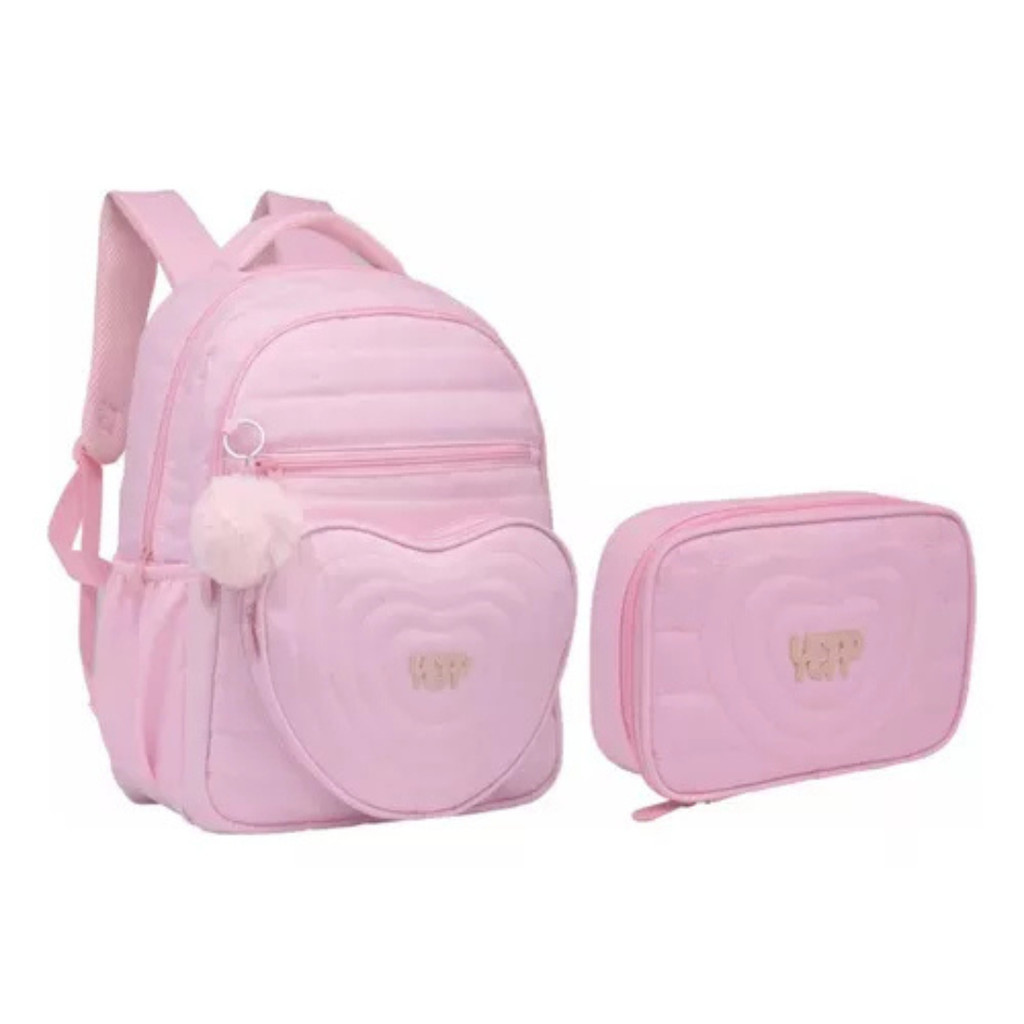 Kit Mochila Escolar Costas Coração Juvenil Feminina Pompom