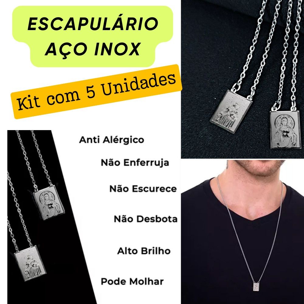 Corrente de Aço Inox Escapulário Nossa Senhora do Carmo Sagrado Coração de Jesus Kit com 5 Unidades