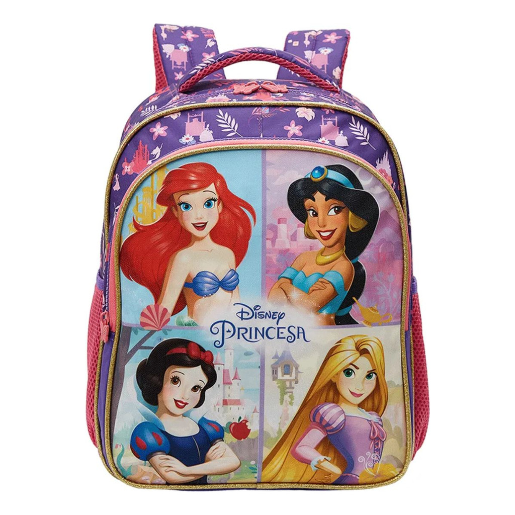 Mochila Escolar Disney Princesas Roxa E Rosa Detalhes Em Glitter Com Forro Térmico