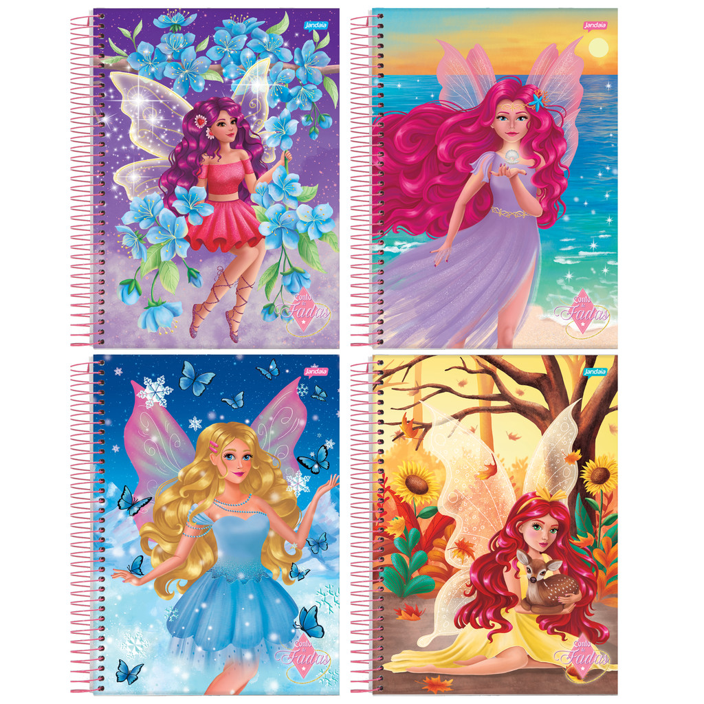 Kit Caderno Universitário 10 Matérias 160 Folhas Conto De Fadas Feminina -Pacote 4 unidades Sortidas - Stationery
