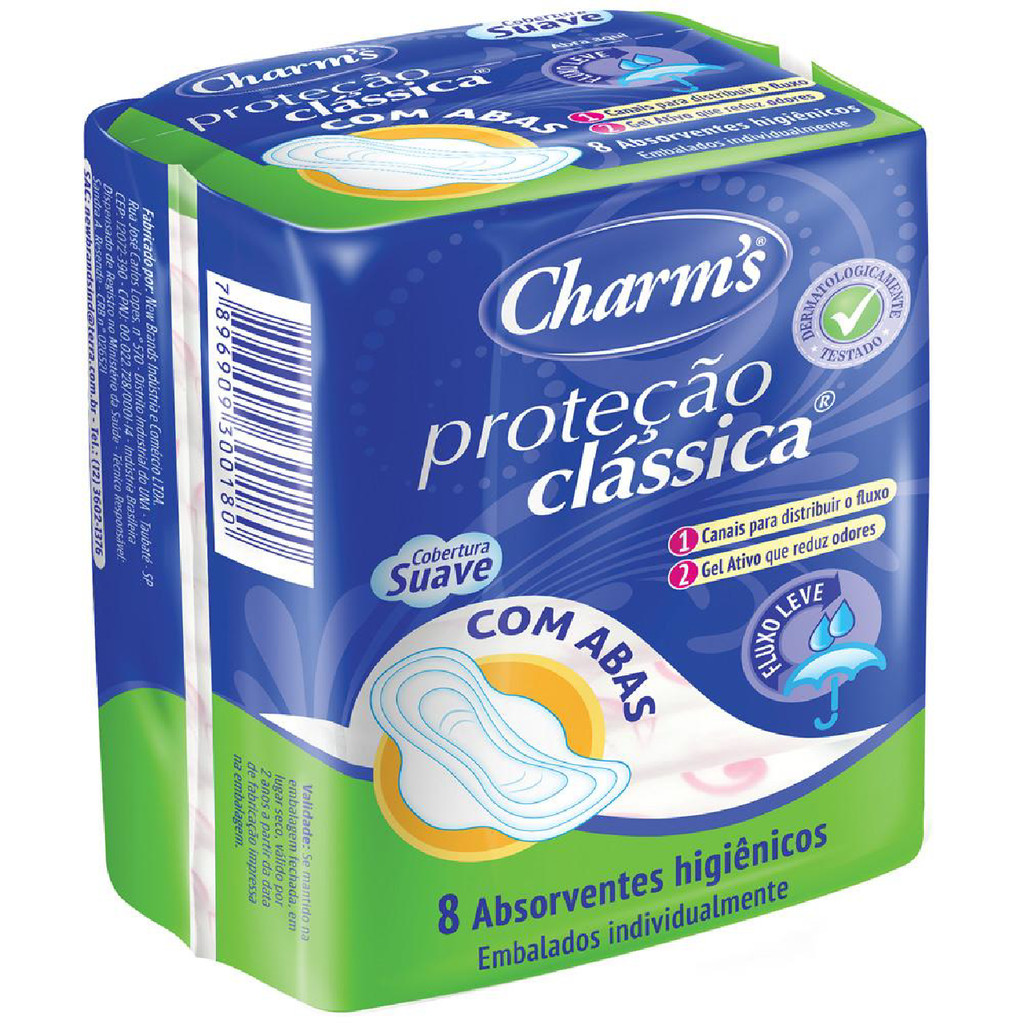 Absorvente Proteção Classica - Com Abas Fluxo Leve 8 Unidades - Charms - Health
