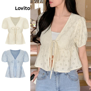 Lovito Blusa feminina fofa com babados lisos e bainha com laço e laço L88AD175 em Oferta na Shopee