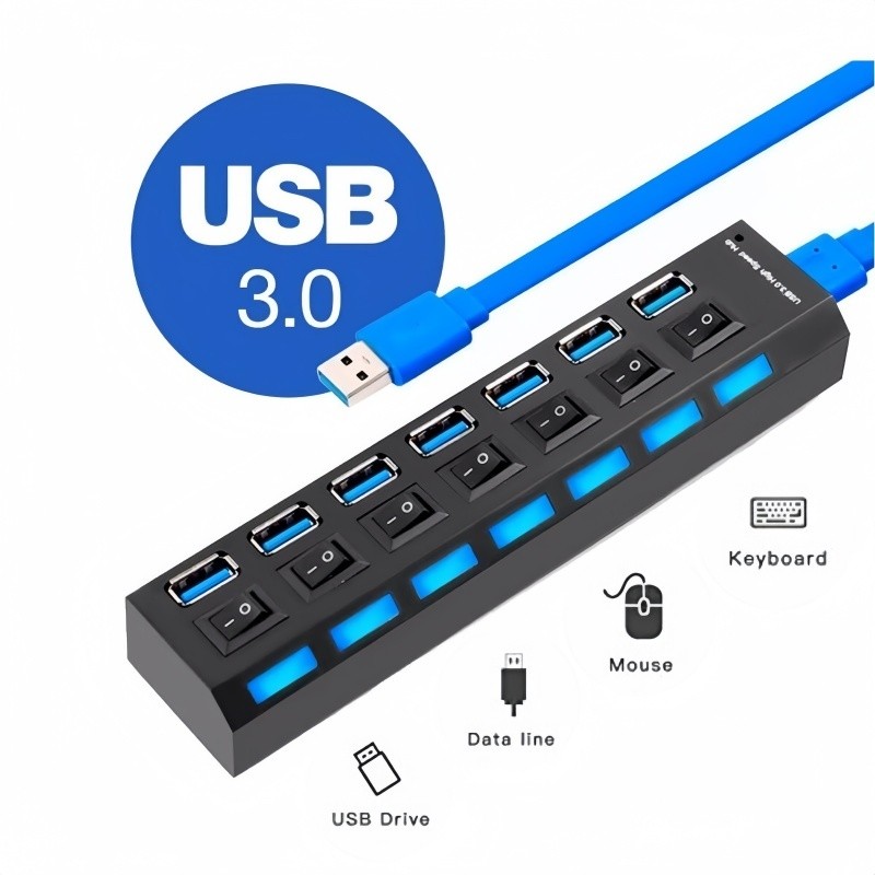 HUB Tira De Extensão De Usb 3.0 4 7 Portas Com Interruptor Seletor Pc Externo Hd Pendrive