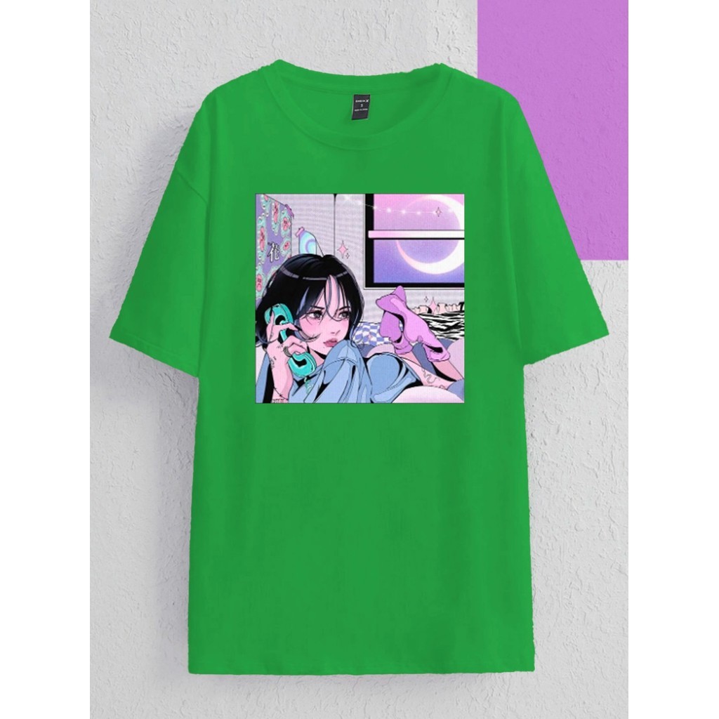 Camiseta Verde Estampado Aesthetic Vintage Colorido Garotas Skatistas Jovem Alternativo Oversized