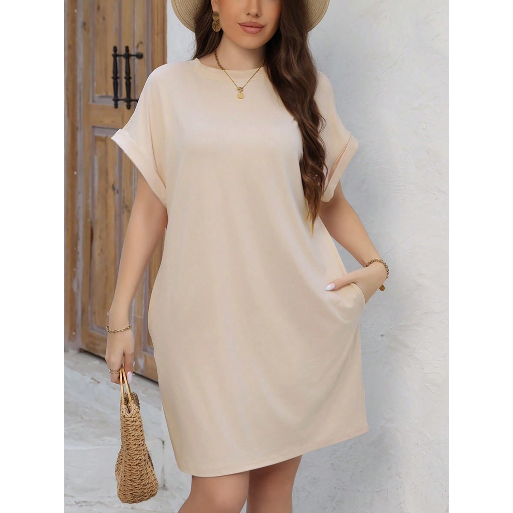 Vestido Plus Size Com Manga Morcego De Mangas Curtas E Gola Redonda Com Bolso Oculto