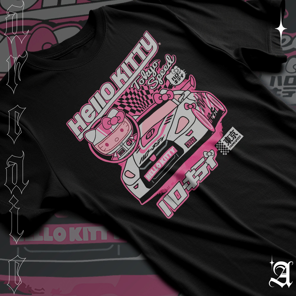 Camiseta Basica Algodao Hello Kitty Tokyo Speed Car Style Cute Color Pink Tee Unissex 01 em Oferta na Shopee