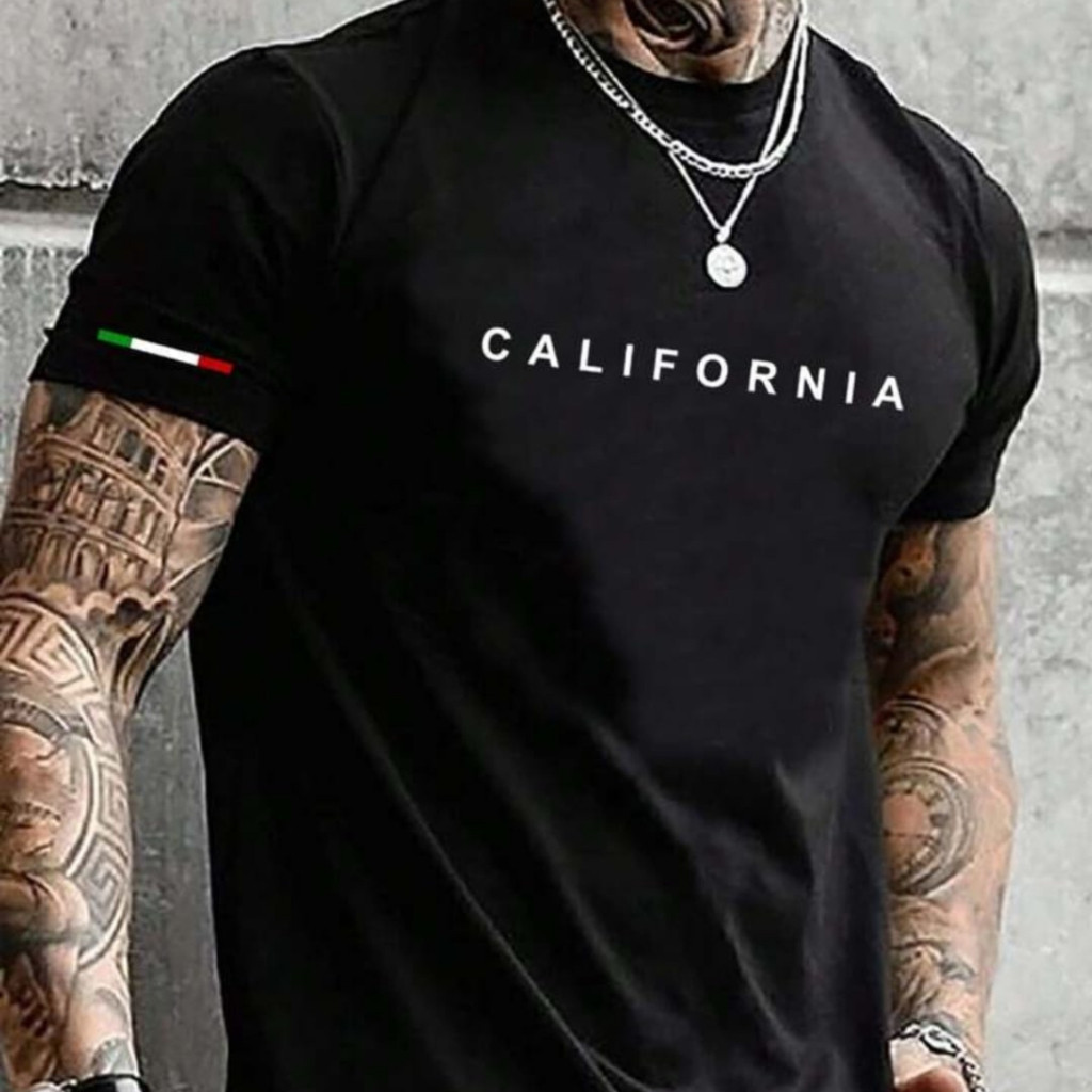 Camiseta Masculina California Preta De Manga Curta Gola Redonda Estampada 100% Algodão Reforço Ombro a Ombro.