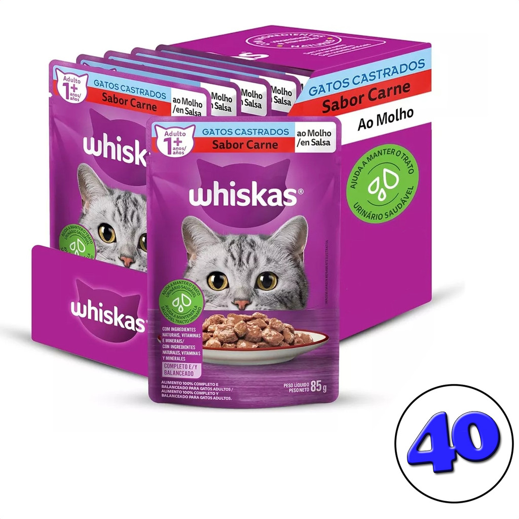 Kit 40 Saches Petisco Gatos Whiskas Castrado Carne 85g
