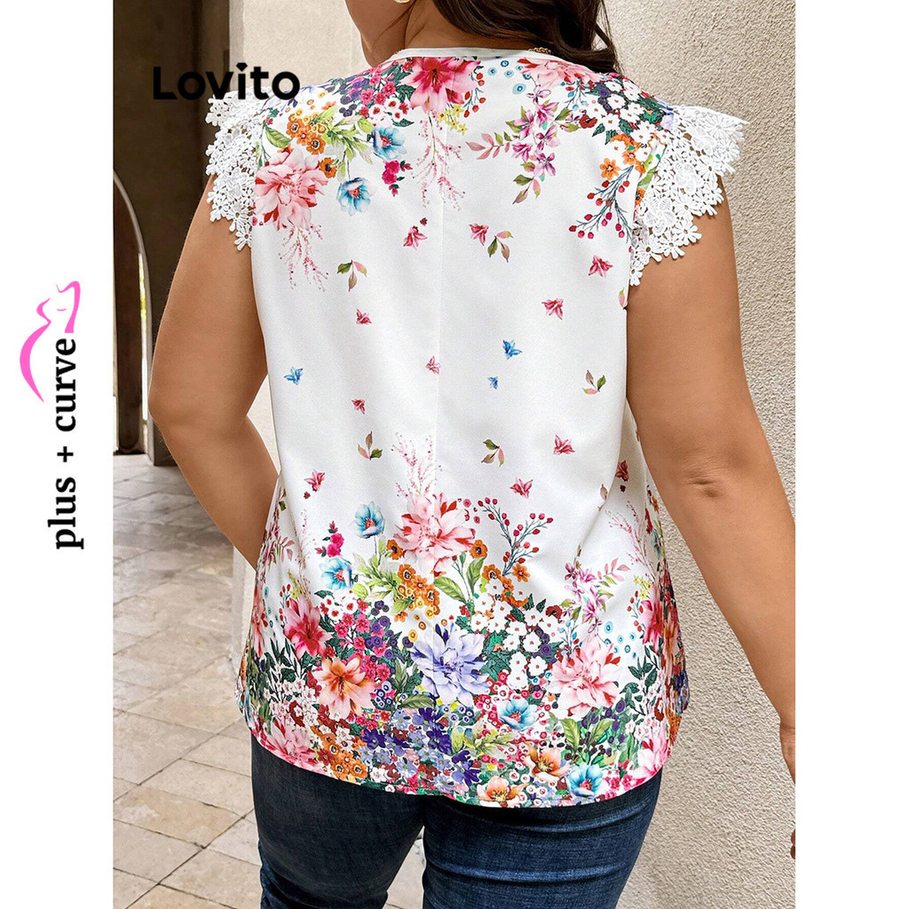 (Trendy) Lovito Blusa casual feminina com costura em tecido de renda borboleta plus size LBL16465 - Women Clothes