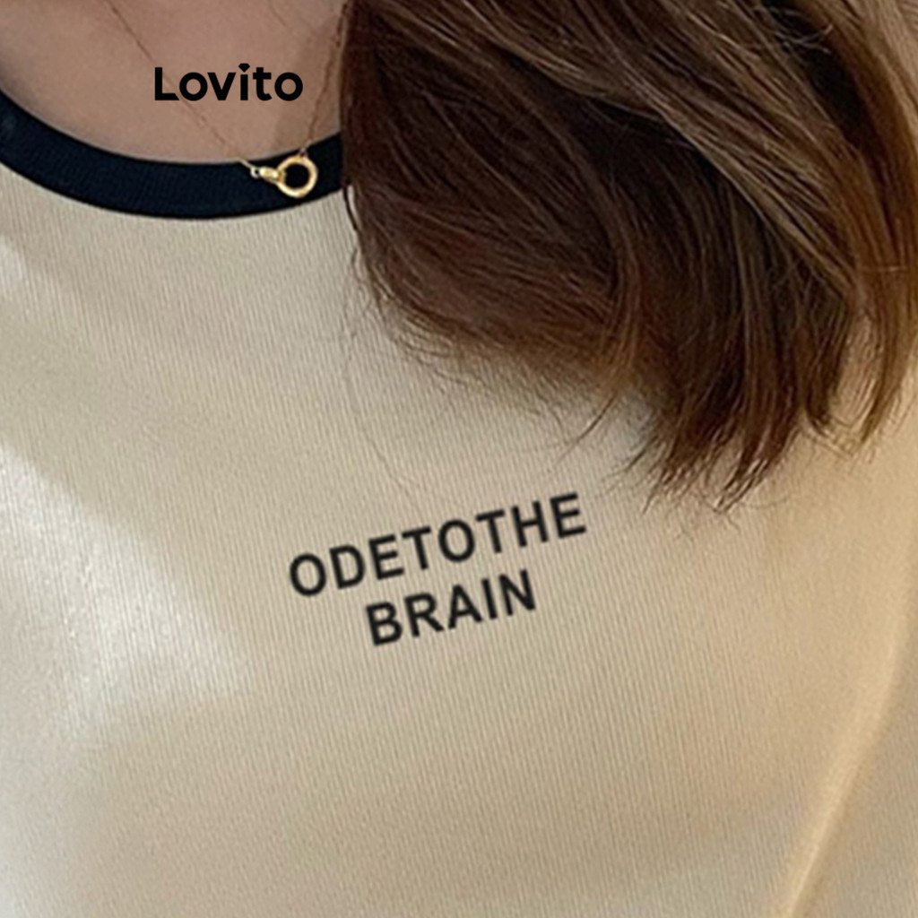 (Trendy) Lovito Camiseta Elegante Com Letras Colorblock Para Mulheres LNE71421 - Women Clothes