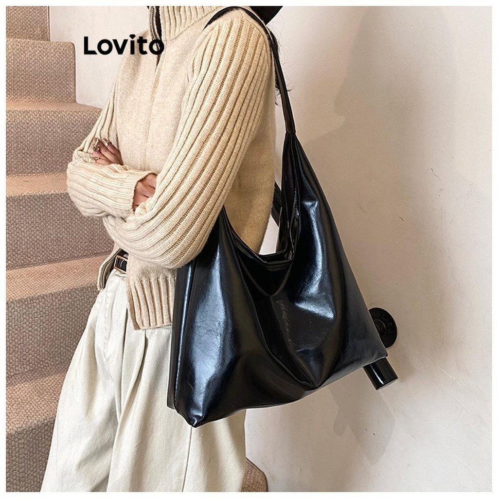 (Trendy) Lovito Sacola Casual simples de couro brilhante Extra grande capacidade e bolsa prática para mulheres LFA66080 - Women Bags