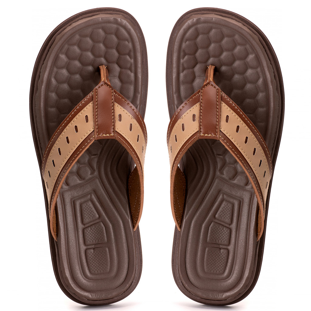 Chinelo em Couro Eco Ortopédico Macio Masculino Sandália Anti Stress