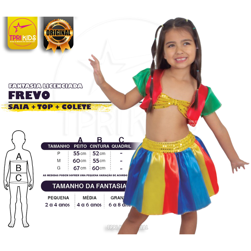 Fantasia Infantil Menina Saia + Top + Colete Frevo Cosplay Carnaval Colorida Festa Aniversário Top