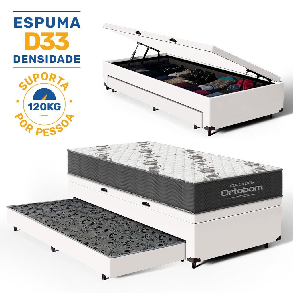 Cama Box Baú com Colchão de Espuma D33  Ortobom Airtech 100 + Auxiliar Unique Solteiro 88cm em Oferta na Shopee