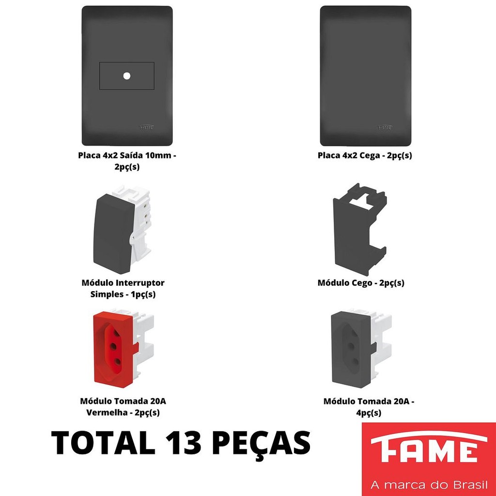 13un Modulo Tomada Interruptor Com Placa 4x2 Habitat Black Preto FAME K45